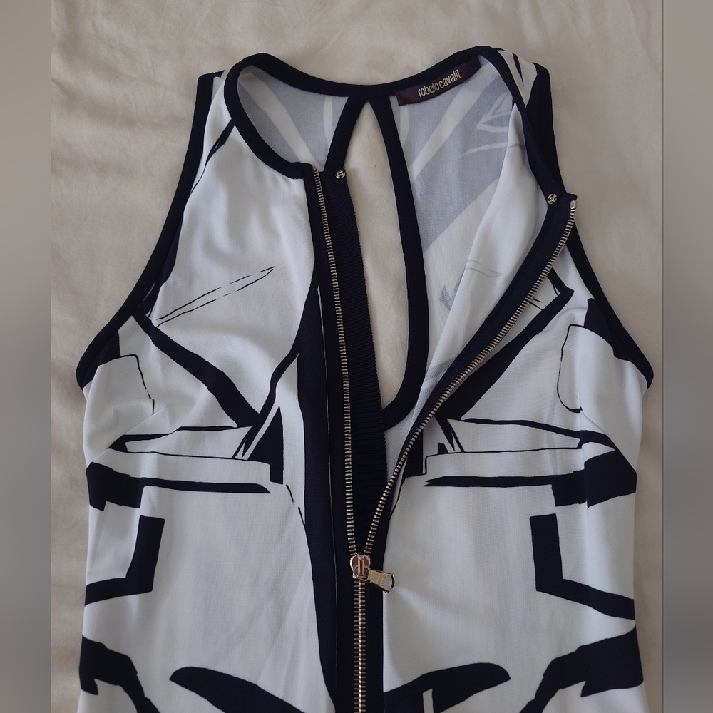 FLAW Zip-up ROBERTO CAVALLI Runway Leaves Print Black White Short Dress Mini 38 - Picture 9 of 16